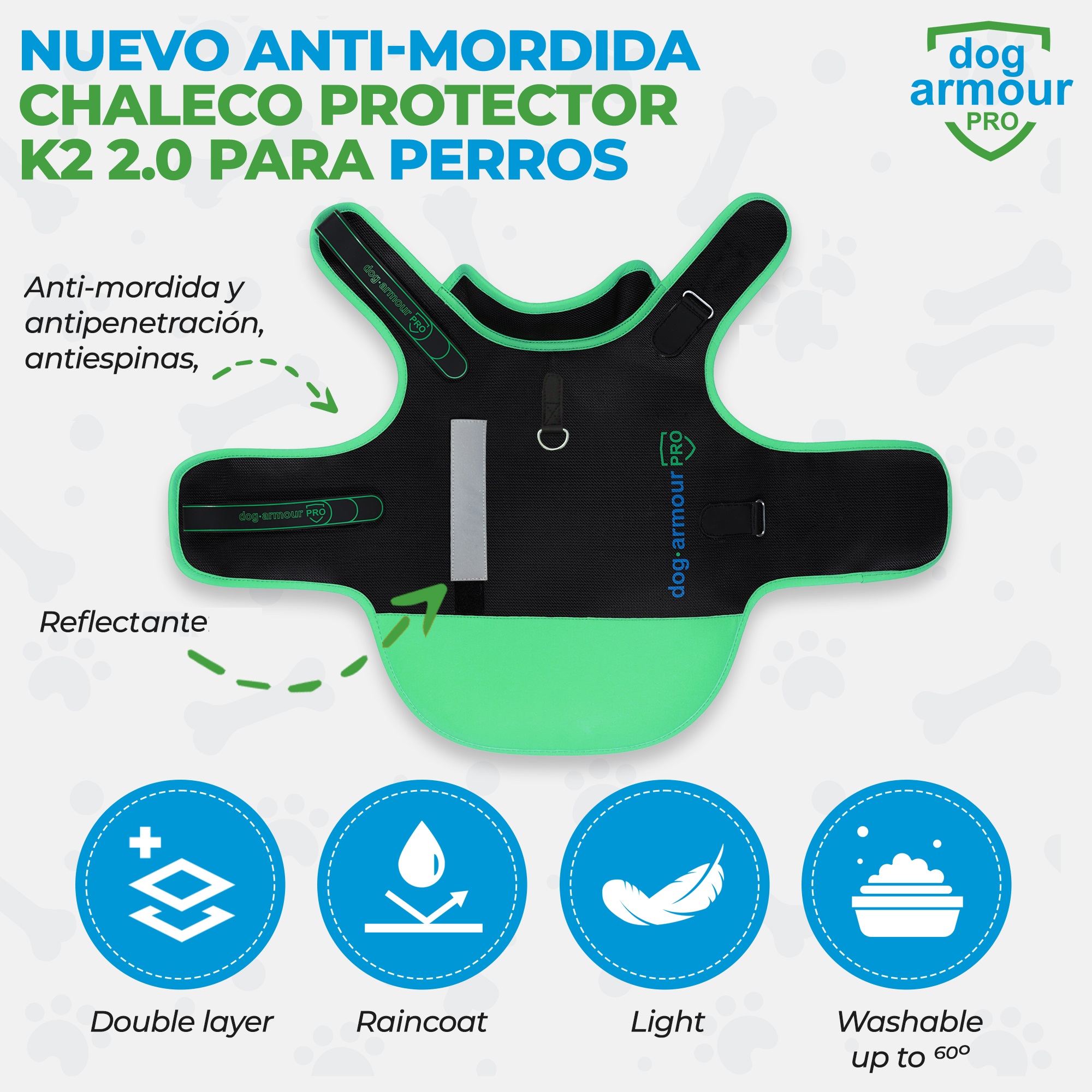 Colete protetor verde anti-mordida para cães - Impermeável - Refletivo