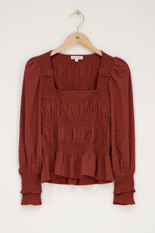 Roest-bruine smock top met ruffles