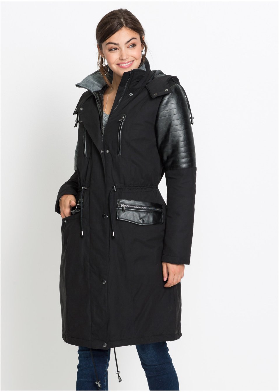 Parka longue à empiècement contrastant