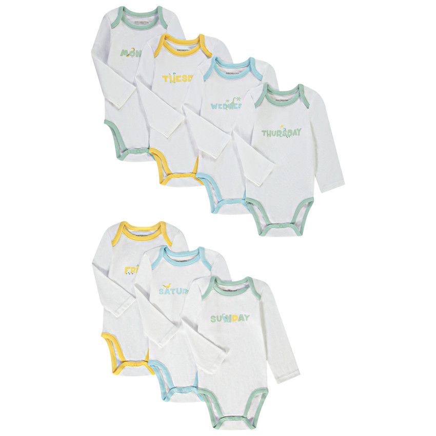 Lot de 7 bodies manches longues semainier pour bébé - Blanc