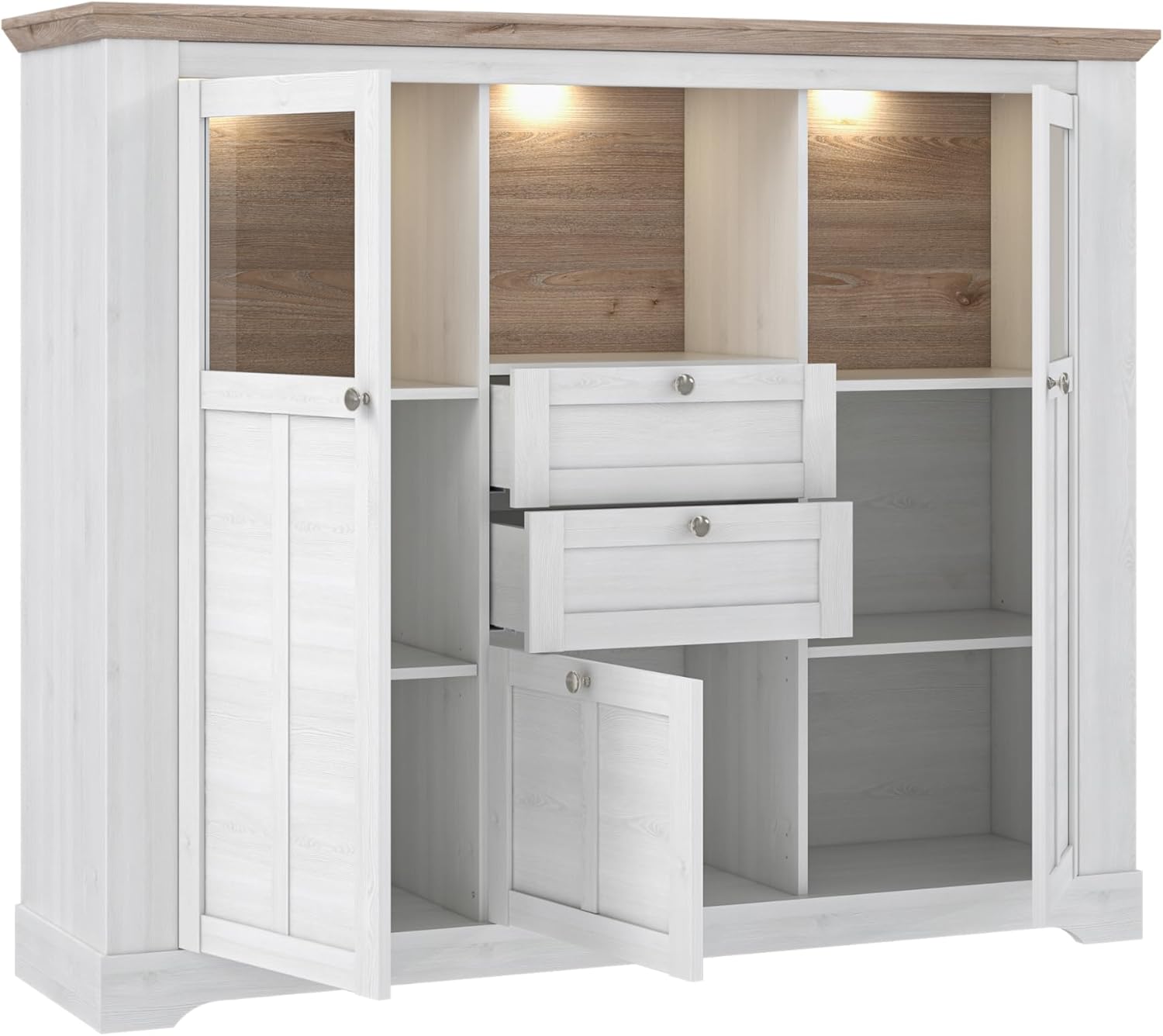Forte ILOPPA Vitrine 165, Vitrine mit 3 Türen und 2 Schubladen, Vitrinenschrank im Landhausstil, Holzwerkstoff, Nelson Eiche/Schneeeiche Holzdekor, 165 cm breit x 136,1 cm hoch x 44,3 cm tief