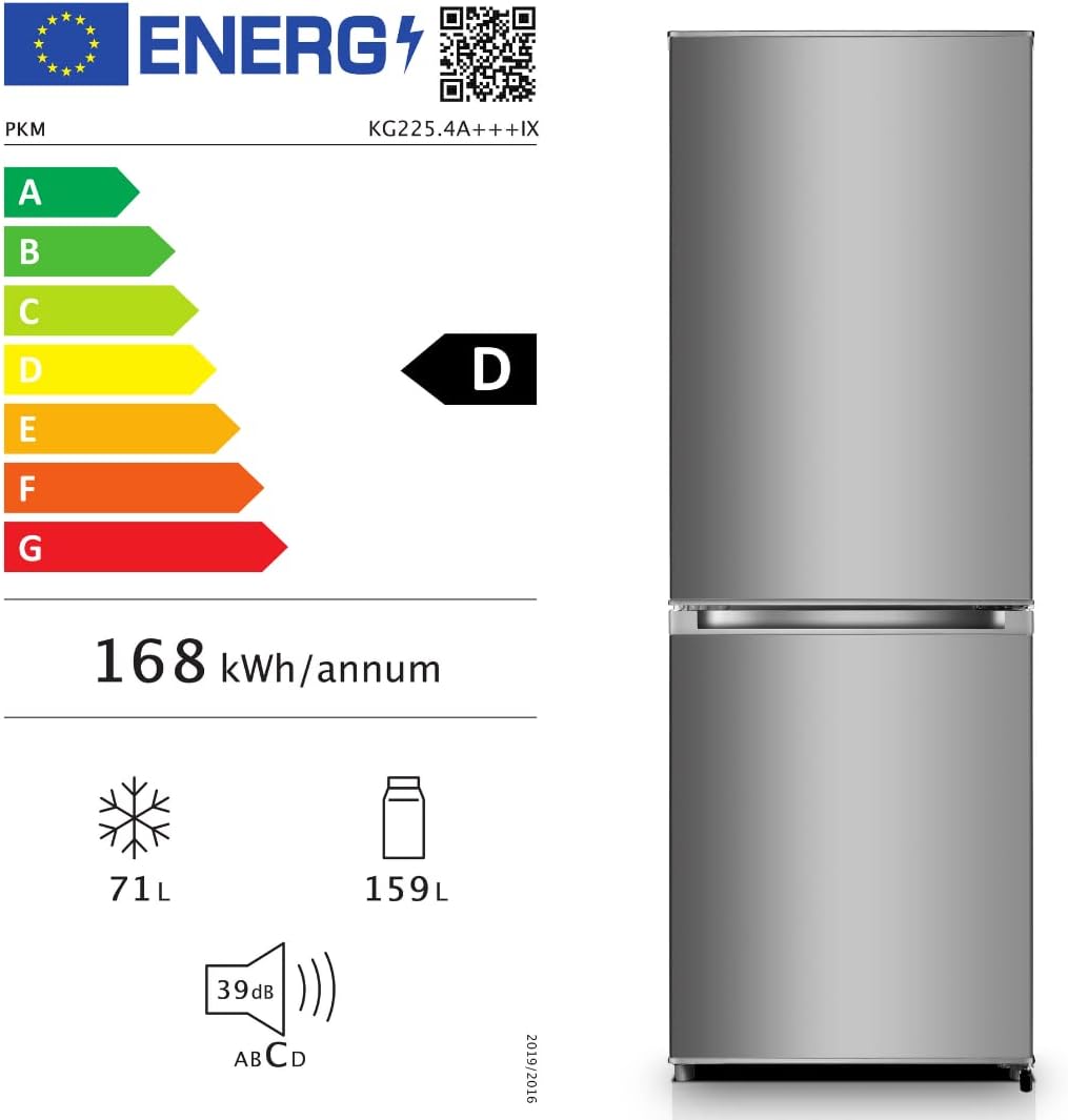 PKM KG225.4A+++ IX Kühl-Gefrierkombination | Inox Design | 162x56cm | 159 Liter Kühlen | 71 Liter Gefrieren | 39 dB | LED-Beleuchtung | 168kWh