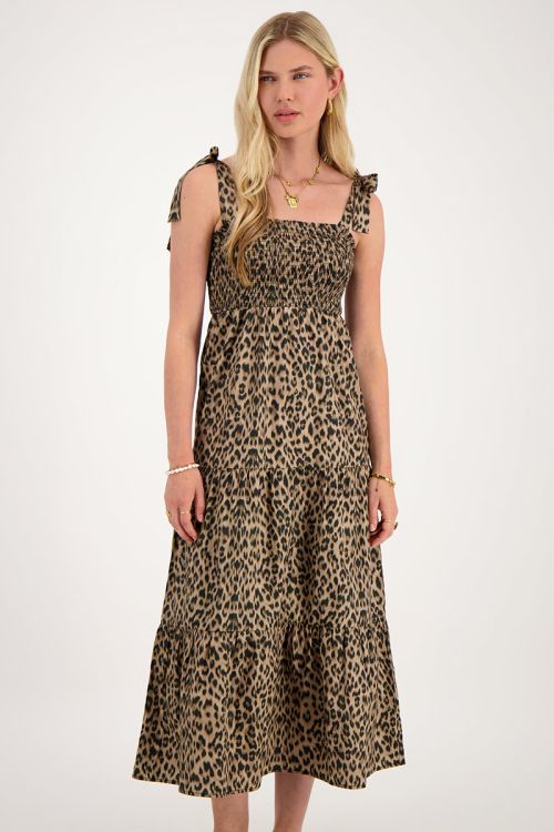 Midi jurk met smock en panterprint