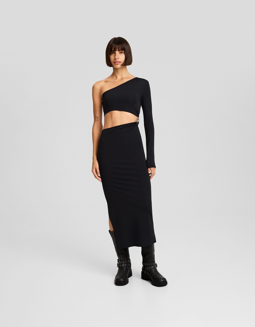 Vestido midi assimétrico de manga comprida com detalhe lateral