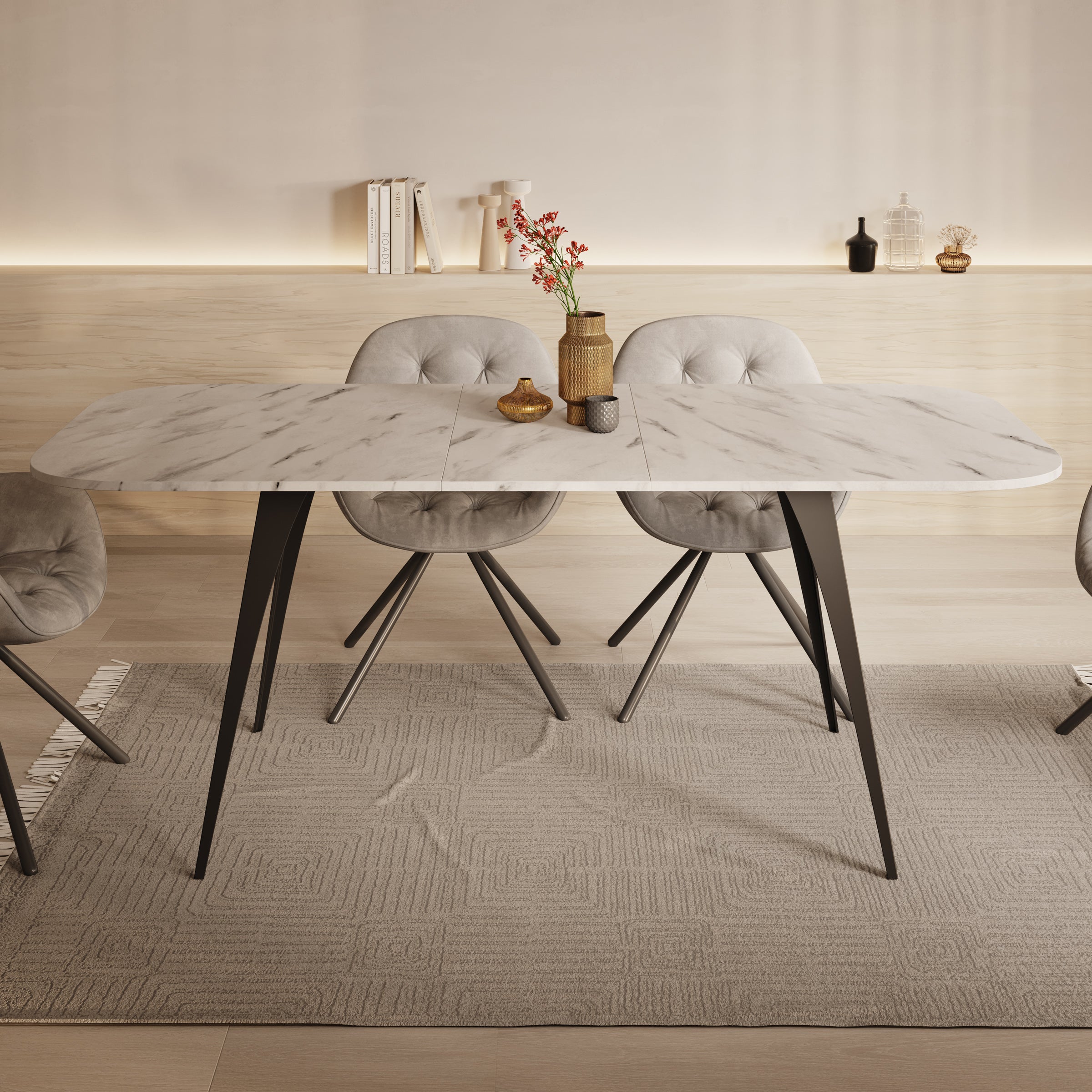 Flix - Eetkamertafel - Wit marmerlook - Uitschuifbaar - 160x90x76 cm