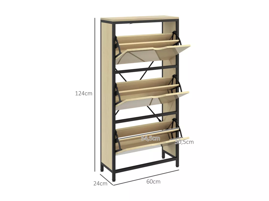 Meuble à chaussures 3 portes abattants - étagères réglables - dim. 60L x 24l x 124H cm - acier noir aspect bois