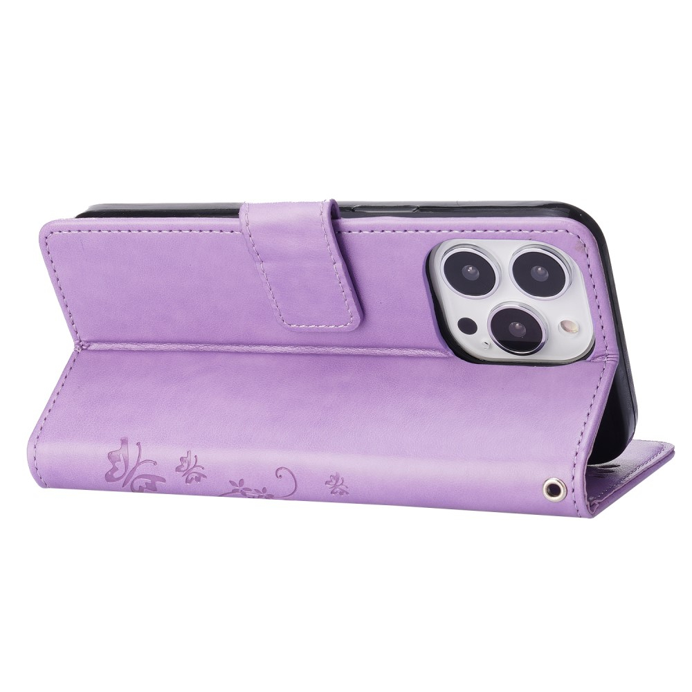 iPhone 13 Pro Leder Tasche mit Kartenfach   Handschlaufe Butterfly Flowers - Lila
