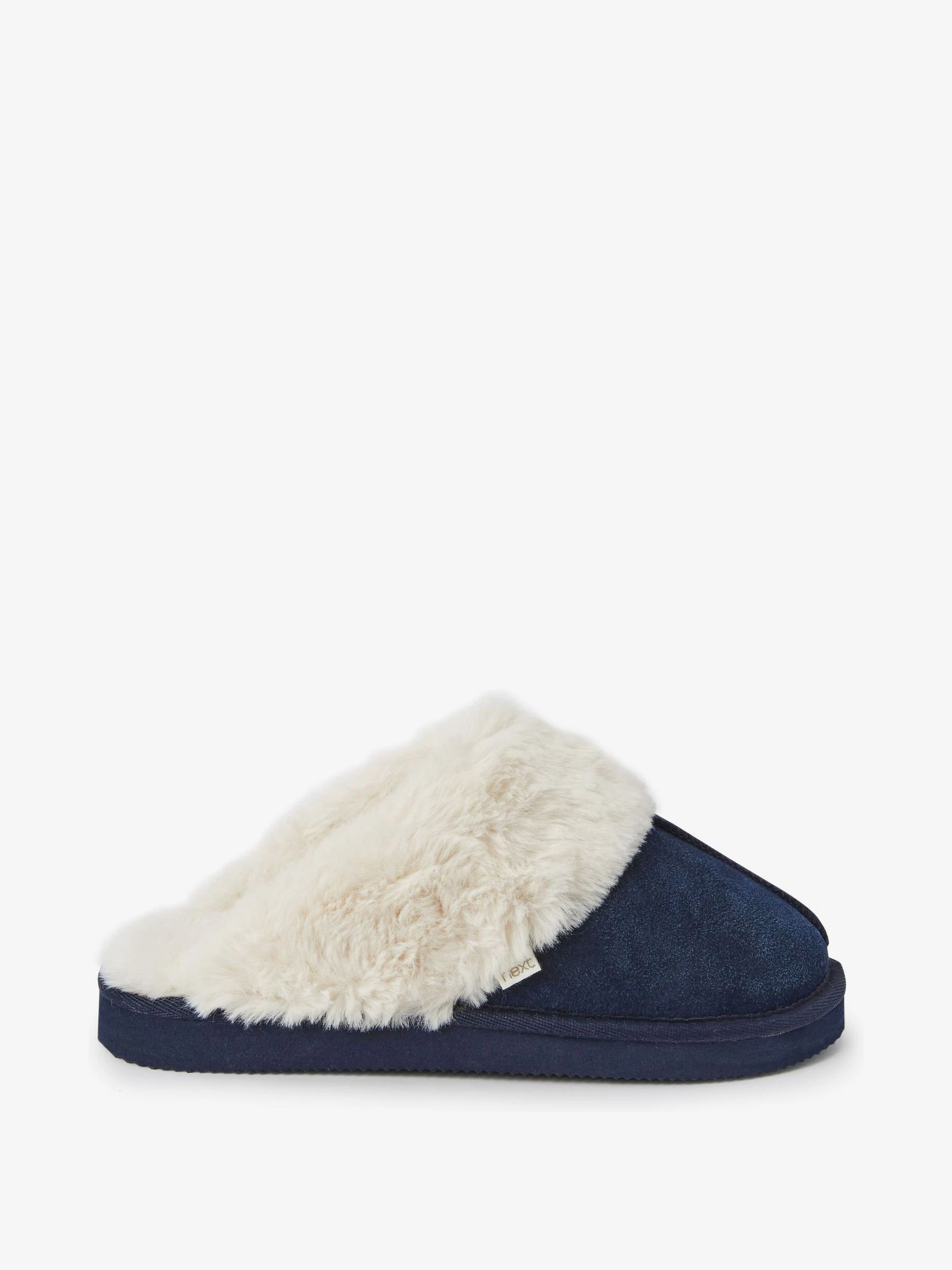 Marineblauw - Met imitatiebont gevoerde suède pantoffelmuiltjes