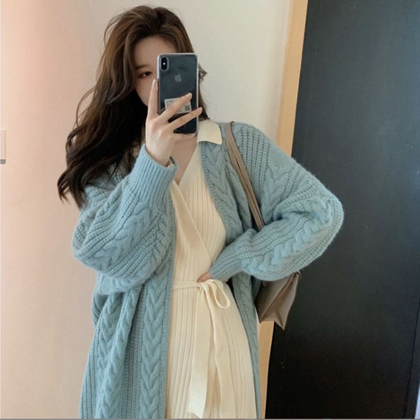 Yupina - Effen kabelgebreide midi-cardigan met open voorkant