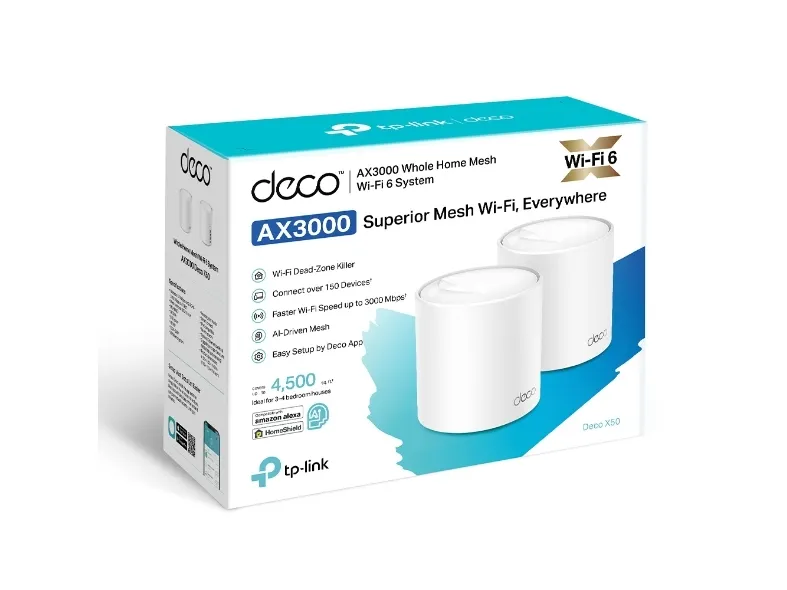 TP-Link Deco X50 - Wi-Fi-system (2 routere) - op til 4.500 sq.ft - mesh - GigE - Wi-Fi  (802.11ax) - Multi-Band - Hvid