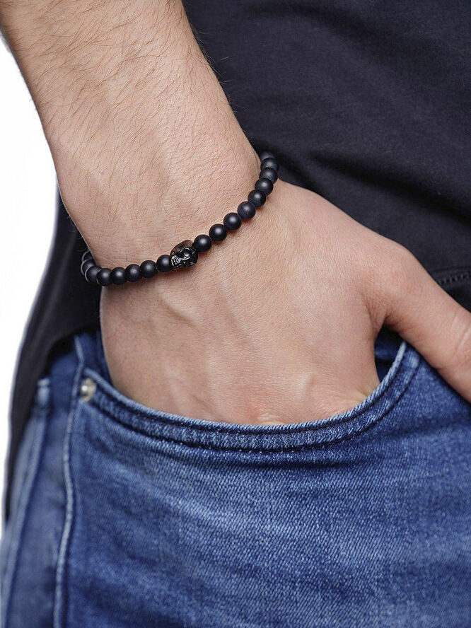 Nialaya Men's Beaded Bracelet with Blue, Brown, Orange, White and Stainless St Black