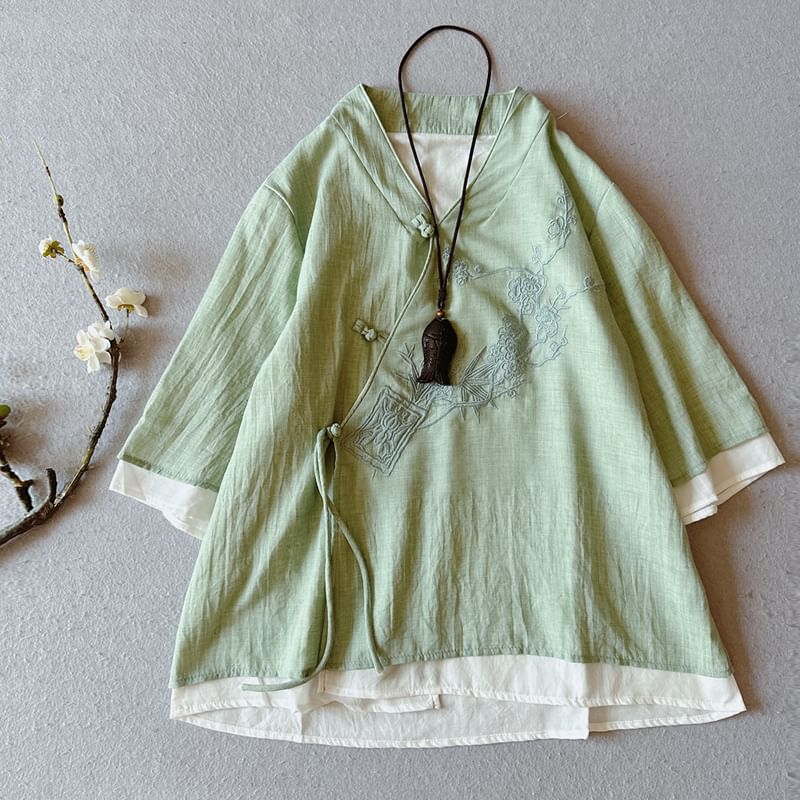 CosmoCorner - Effen Hanfu-blouse met 3/4 mouwen en V-hals