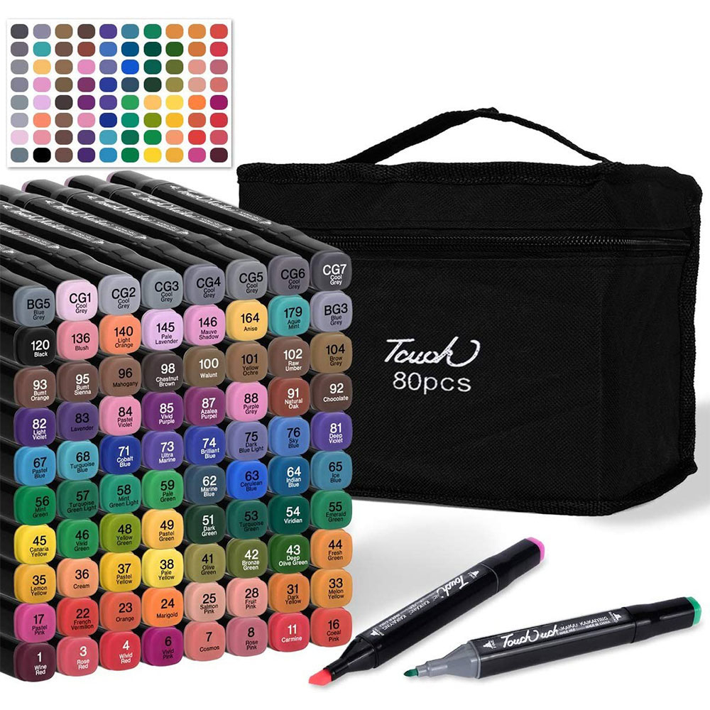 (80er Set) Wasserfeste Acryl Filzstifte Touch Sweet Permanent Marker Doppelspitz Mal Stifte   Tragetasche