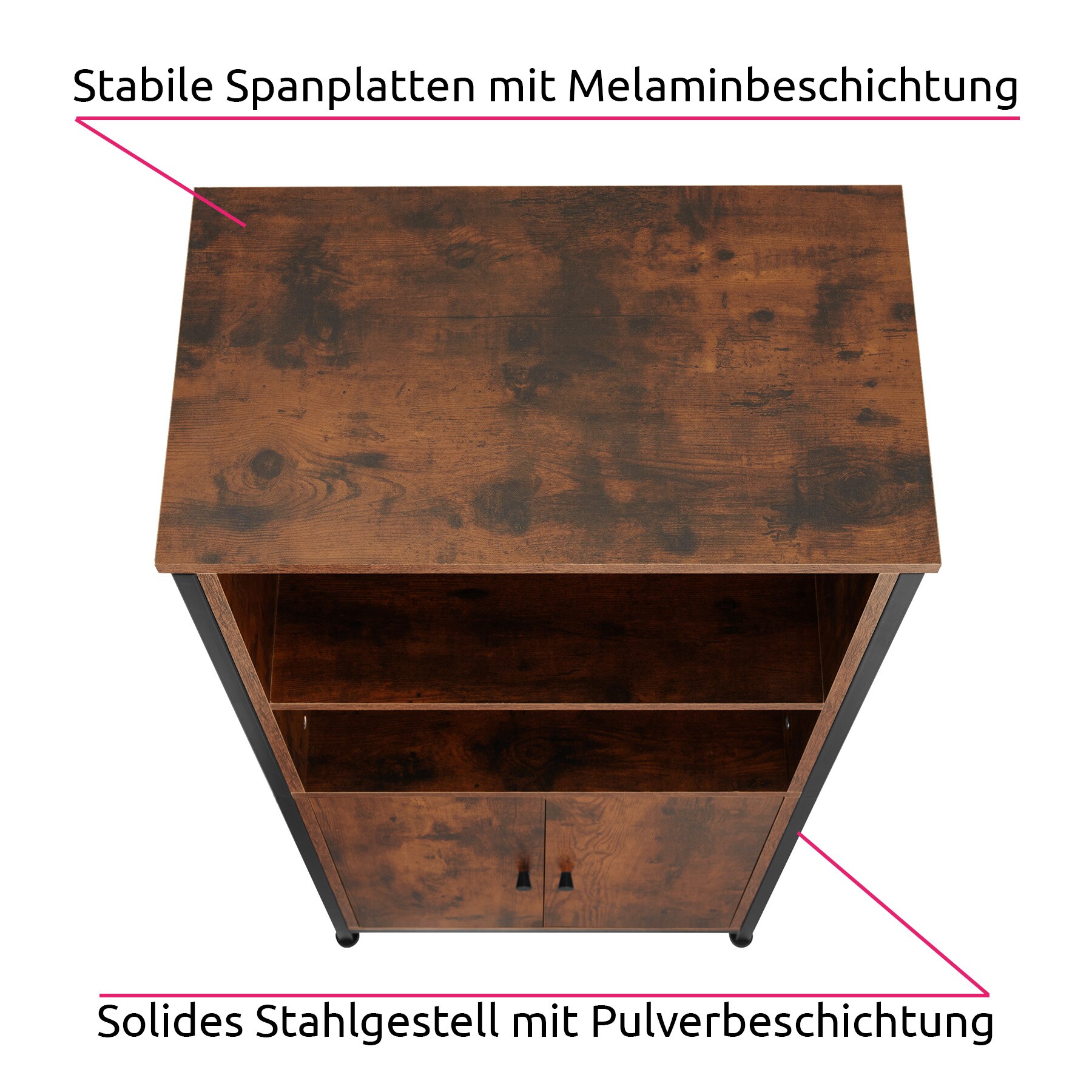 tectake® Highboard, Industrial Style, 2 offene Fächer mit Deckplatte, mit höhenverstellbaren Füßen, 60 x 38 x 125 cm
