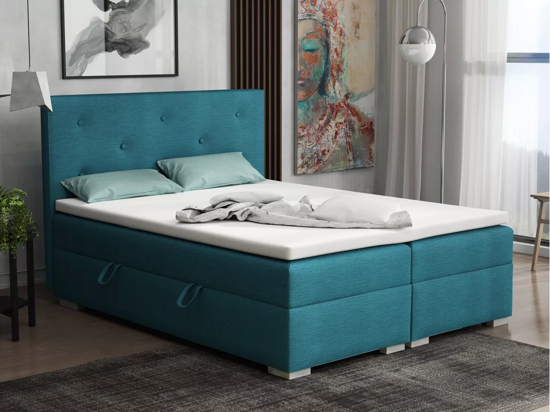 Lit Boxspring avec tiroirs de lit, Coffre de lit Topper Atlanta 160x200 cm, Orinoco 85 (Bleu turquoise)