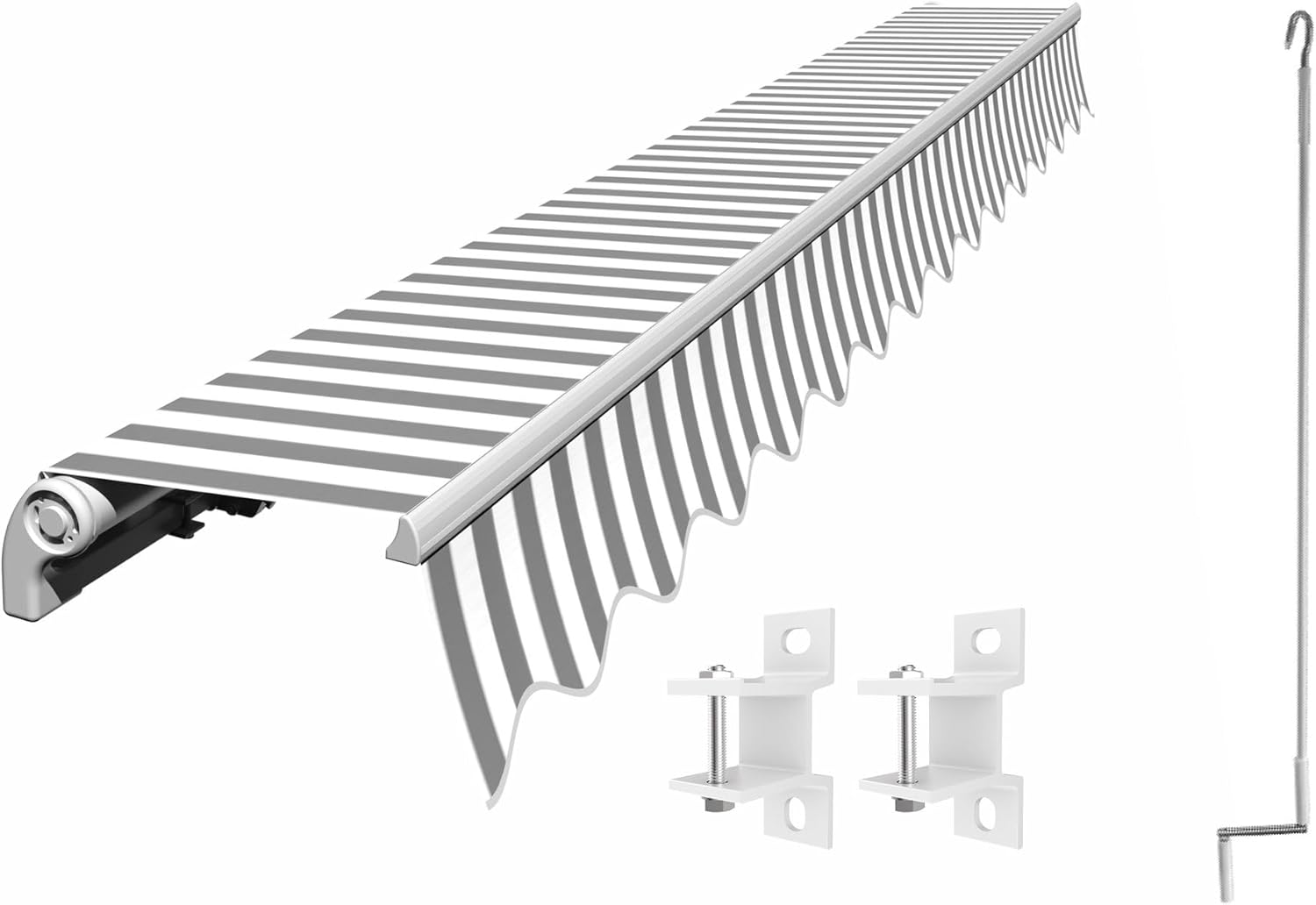 Eclipse Gelenkarmmarkise Economy 2,5x2m mit Handkurbel Markise Sonnenschutz Balkon Terrassenüberdachung Markisenstoff 280g/m² Polyester (PE) inklusive UV-Schutzfaktor 50+, Markisentuchfarbe: Grau-Weiß