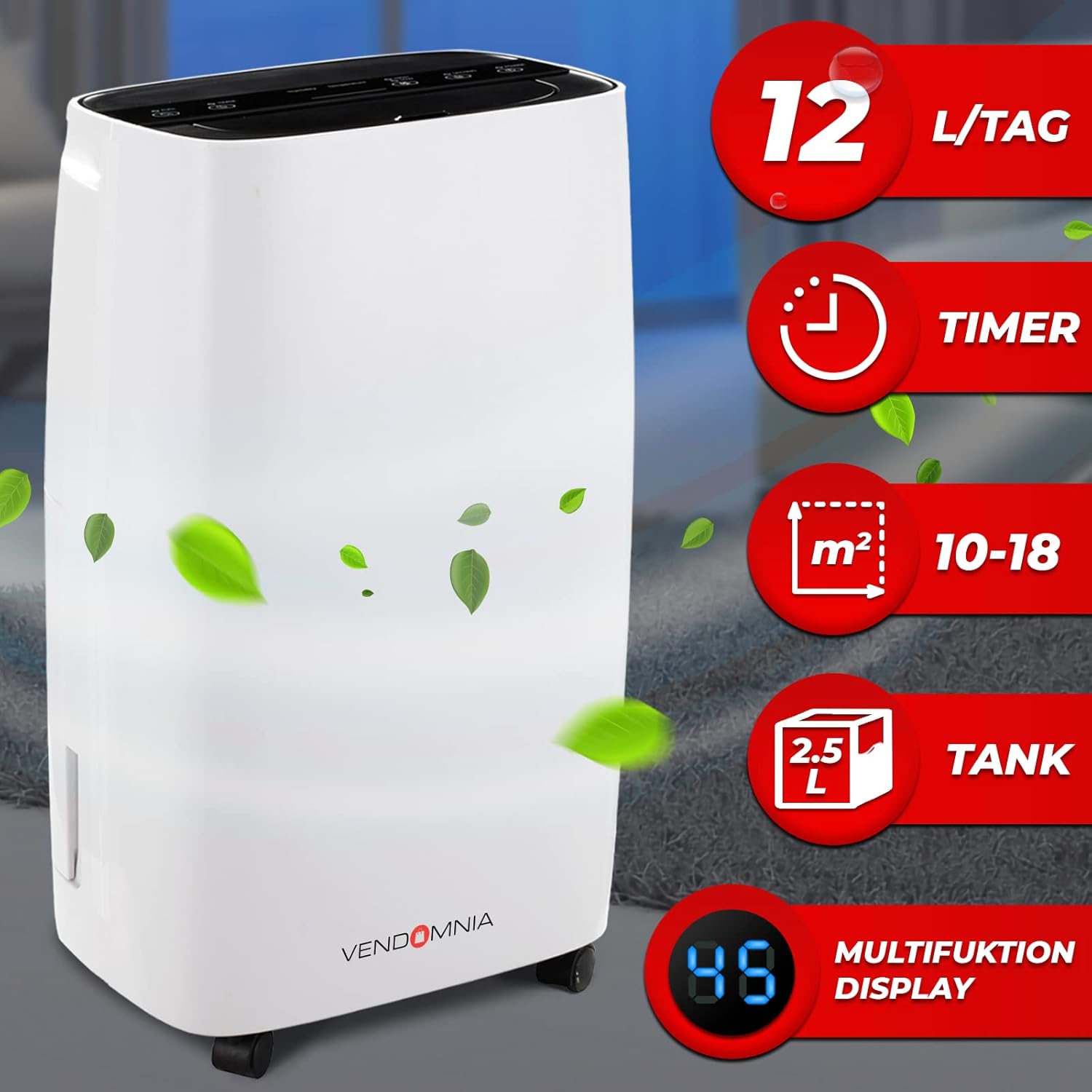 Luftentfeuchter - 10/12 L/Tag, 2L Behälter, 18 m², elektrisch, Digitalanzeige, Timer, Auto-Modus - Bautrockner, Raumentfeuchter, Entfeuchtungsgerät, Raumentfeuchtungsgerät, Luftentfeuchtungsgerät