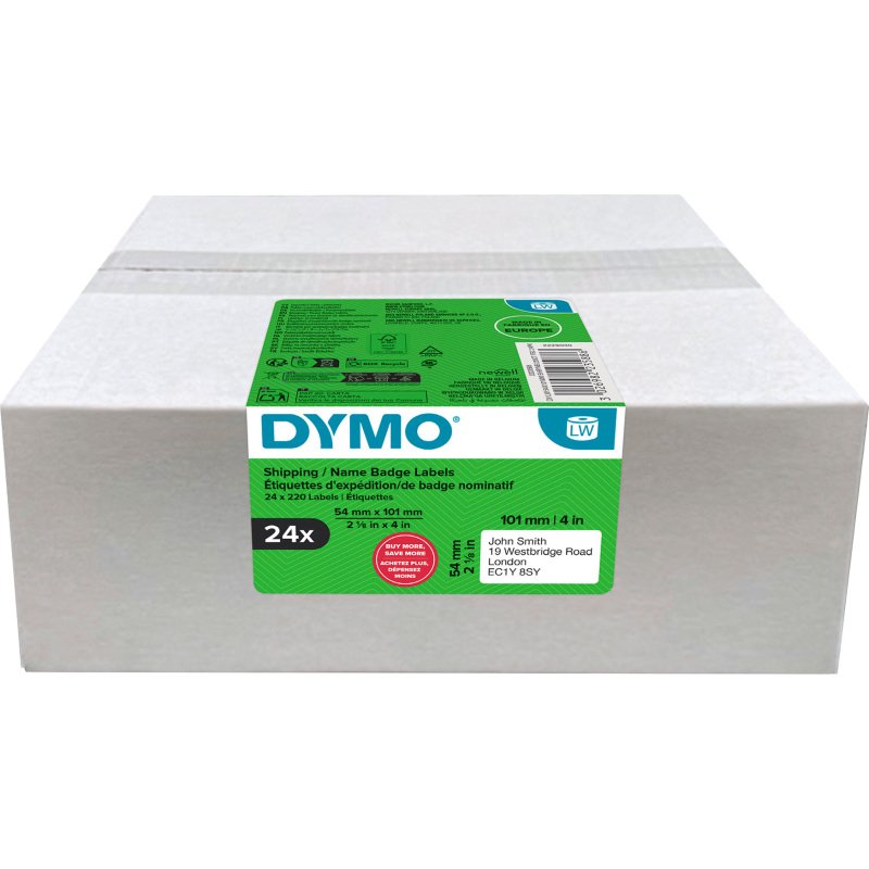 Étiquettes pour expéditions et badges 54 mm x 101 mm DYMO LabelWriter - Rouleau de 220 étiquettes - Boîte de 24 rouleaux