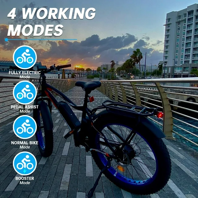 Bicicleta elétrica Ecotric com pneus largos de 26 polegadas, motor potente de 500 W, bateria de lítio removível de 36 V/12,5 Ah, ideal para praia, neve e montanha, com amortecimento para impactos. Perfeita para adultos.