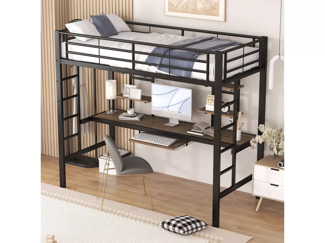 Lit mezzanine métallique noir avec bureau et deux étagères pour adolescents et adultes 90x200cm GUUQNOKS