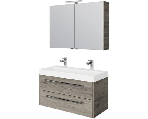 Badkamermeubelset Pelipal Milano (B x H x D): 100 x 200 x 45 cm, frontkleur: Sanremo eiken, met dubbele wastafel van wit gegoten mineraal (SET-138-046)