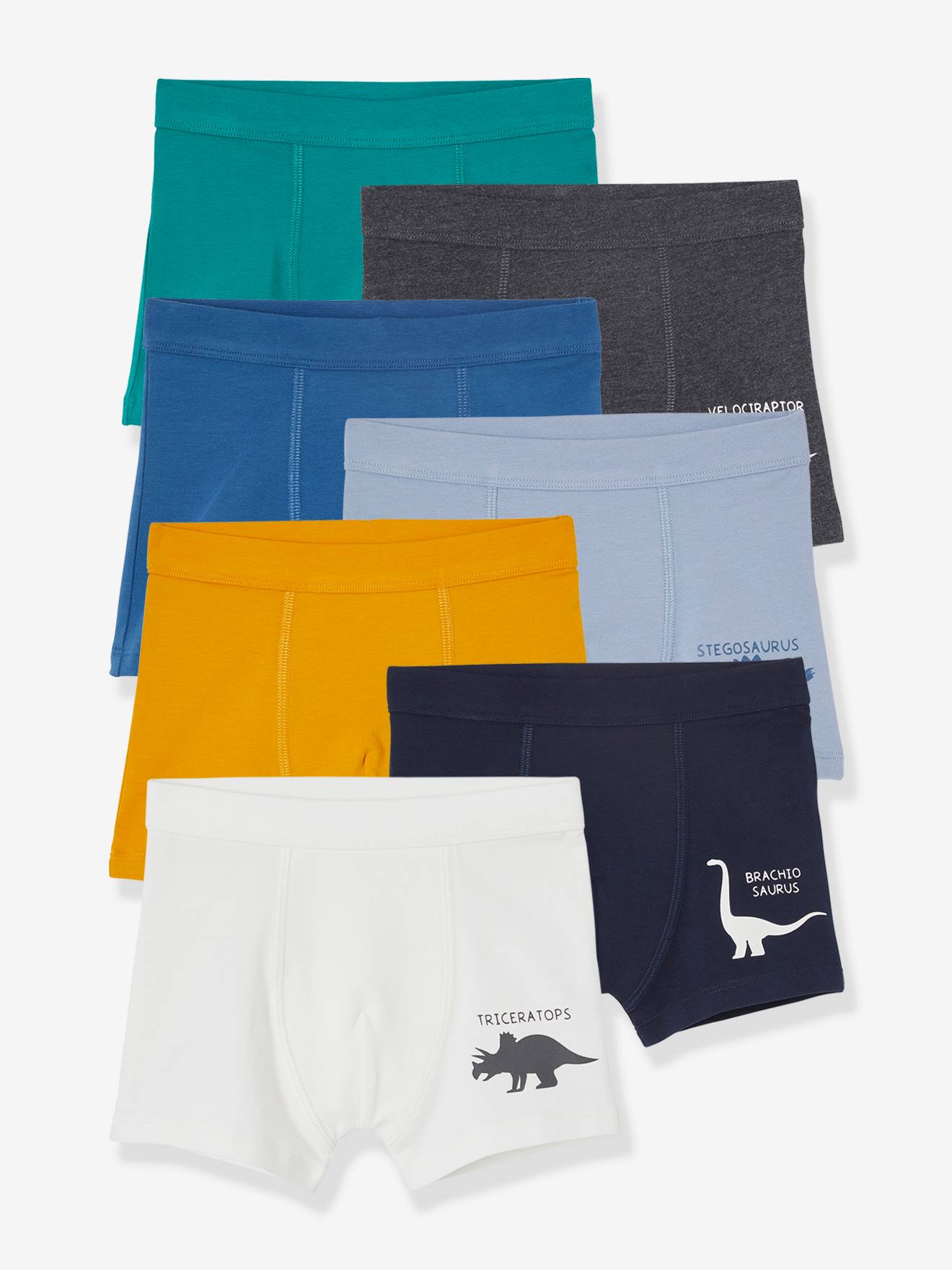 Pacote com 7 cuecas boxer elásticas com estampa de dinossauro, para meninos, lisas e brancas.