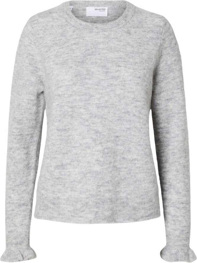 Selected Femme SLFLULU LS WOOL KNIT FRILL CUFF O-NECK N Grå