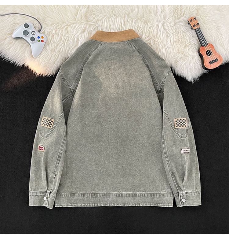 Plummie - Bandkraag Letterapplicatie Gewassen Paneel Rits Denim Jack