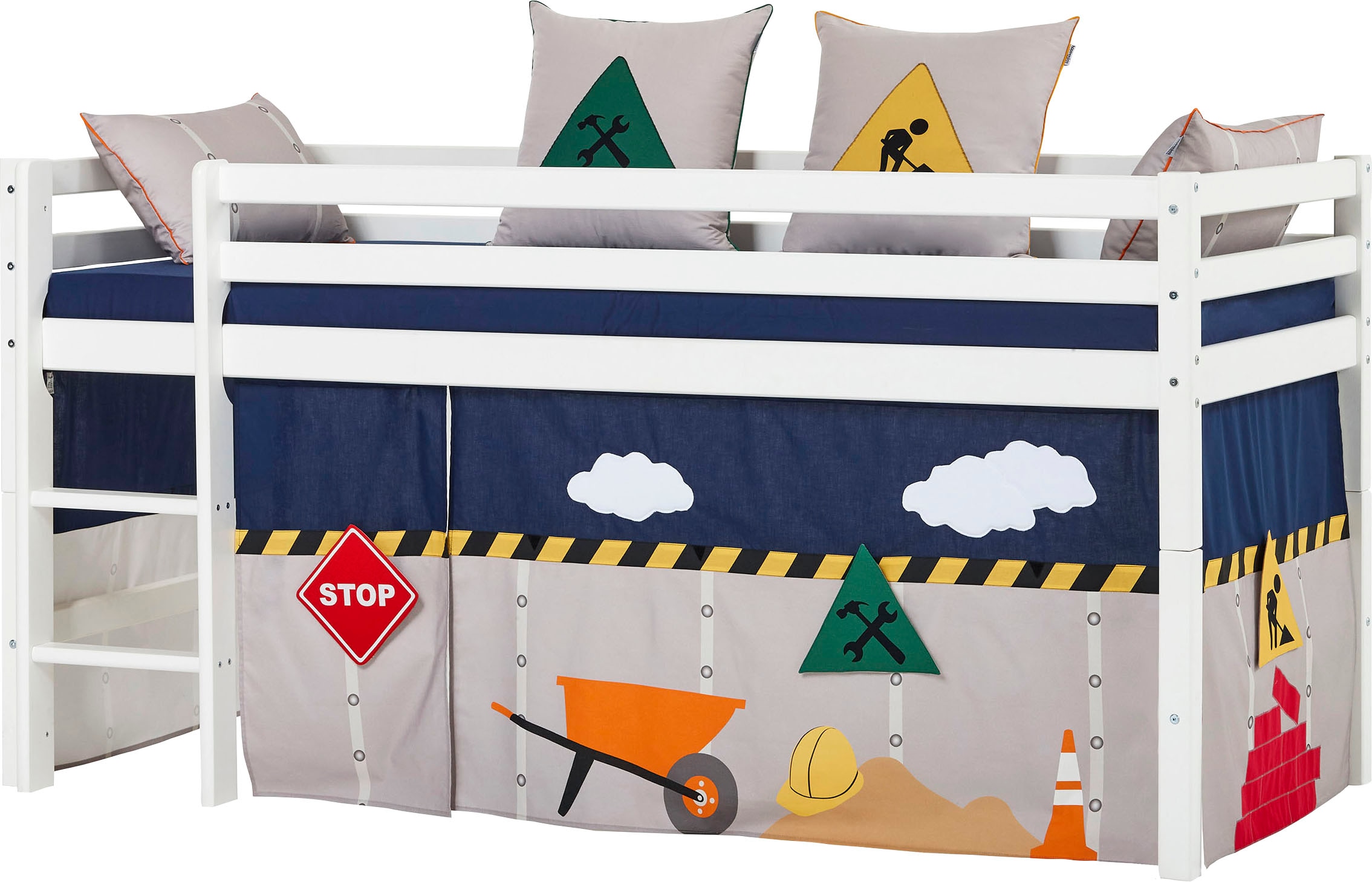 Hoppekids Hochbett »«Construction»« mit Baustellen-Vorhang Matratze 2 Grössen