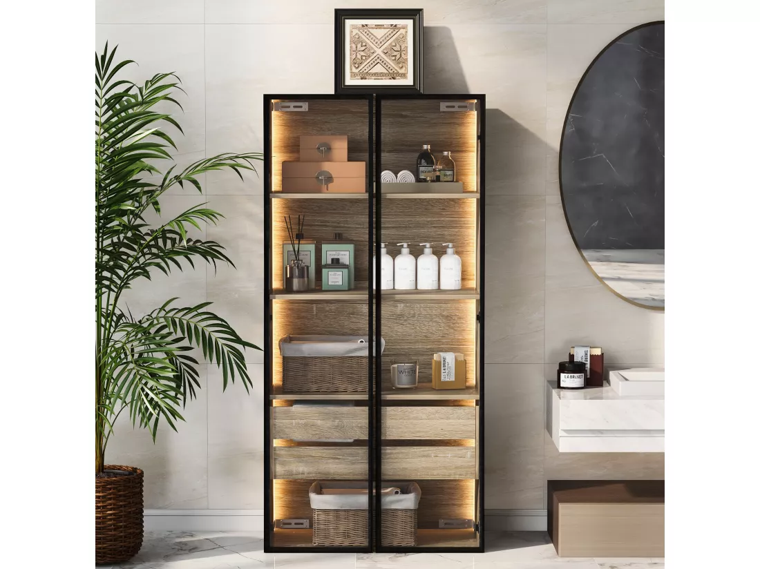 Meuble de salle de bain avec LEDs - 74 x 36 x 155 cm - 2 grands tiroirs et 2 portes vitrées - bois MDF - naturel