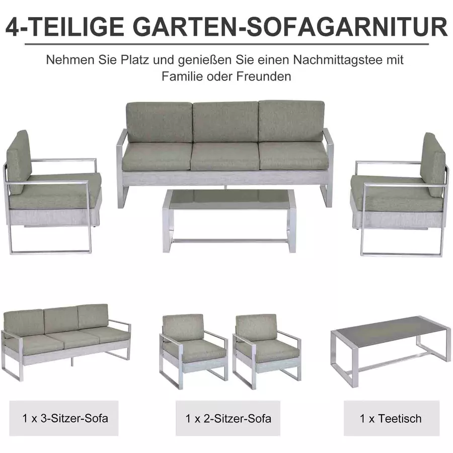 Outsunny Gartengarnitur mit Beistelltisch und Sitzpolstern, 4-teilig Grau