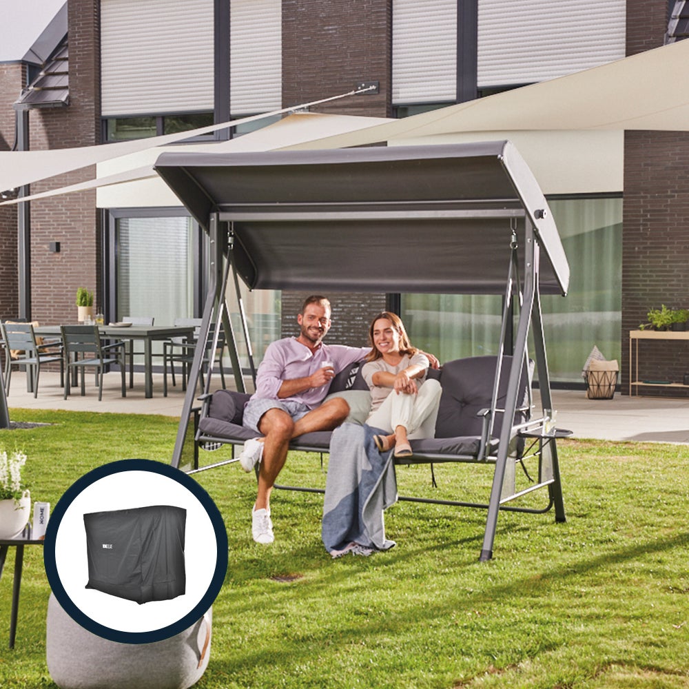 Home Deluxe - Descanso Tuinschommel, Grijs met Hoes - 3-Zits, B/H/L 115cm x 195cm x 198cm, incl. Bekerhouder, Zit- en Rugkussens | Tuinligstoel, Tuinlounge, Schommelstoel