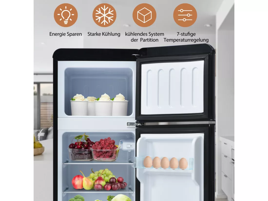 Réfrigérateur-congélateur combiné, 105,5 cm de hauteur, 41 cm de largeur, avec un volume total de 92 litres, un volume de congélateur de 28 litres. 181 kWh/an, -27°C 13°C, éclairage LED, (noir）