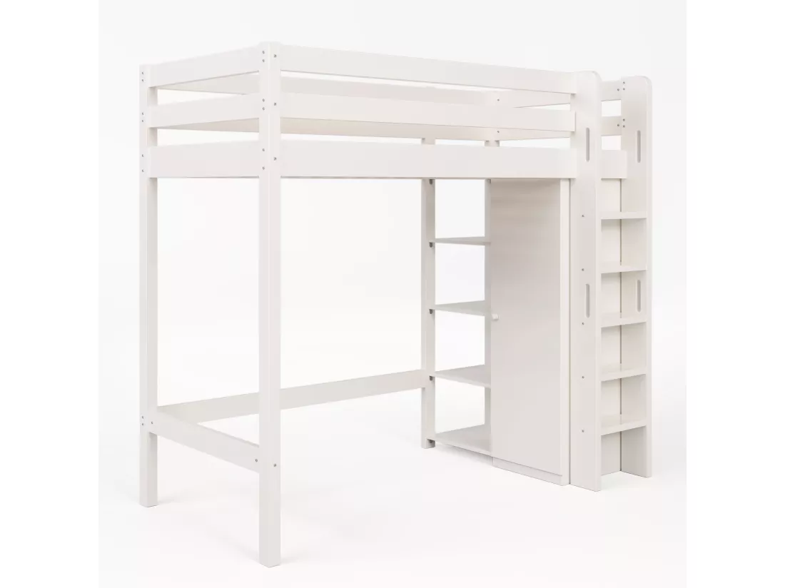 Lit mezzanine 90x200cm en bois massif - avec une armoire et étagères - Blanc