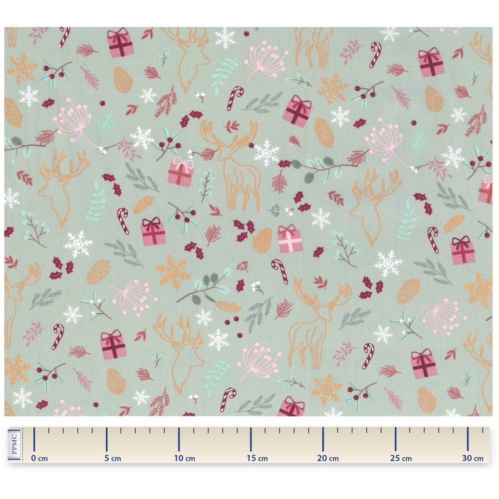 Tissu Coton Au Mètre Ex2242 Cadeaux Herbier Vert Rose