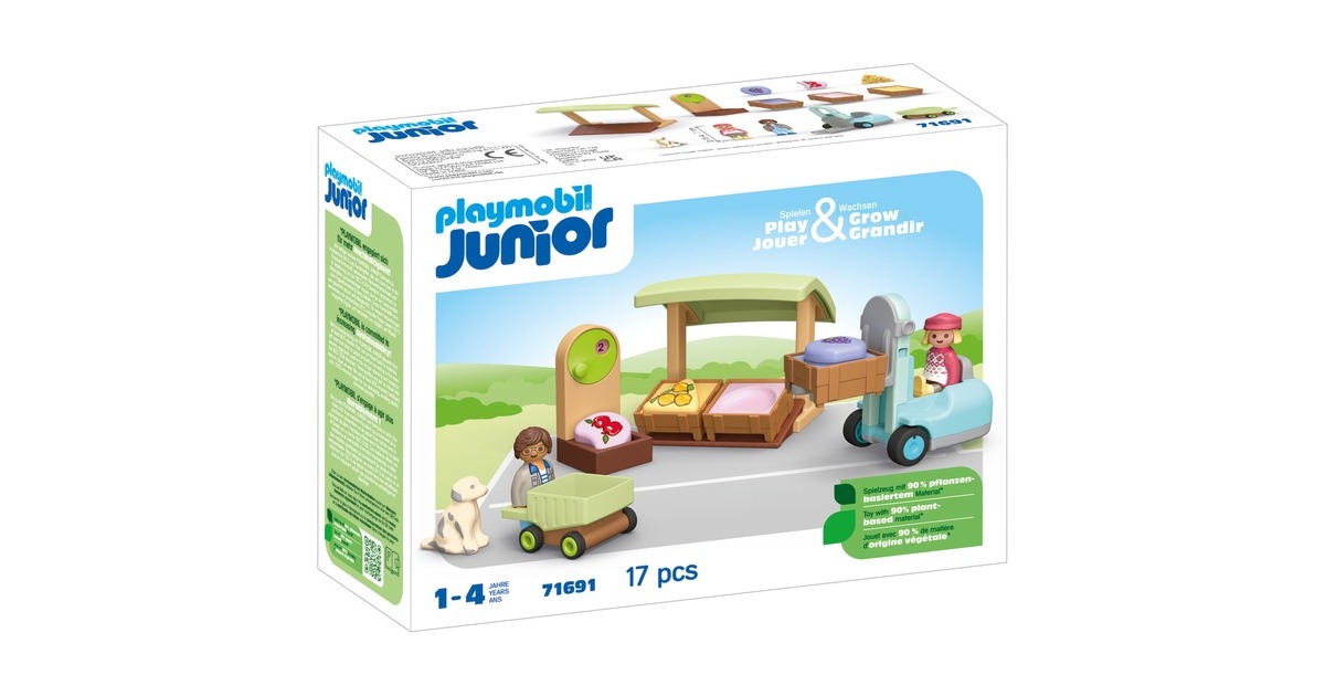 PLAYMOBILJunior - Biologische marktkraam & vorkheftruck Constructiespeelgoed  (71691)