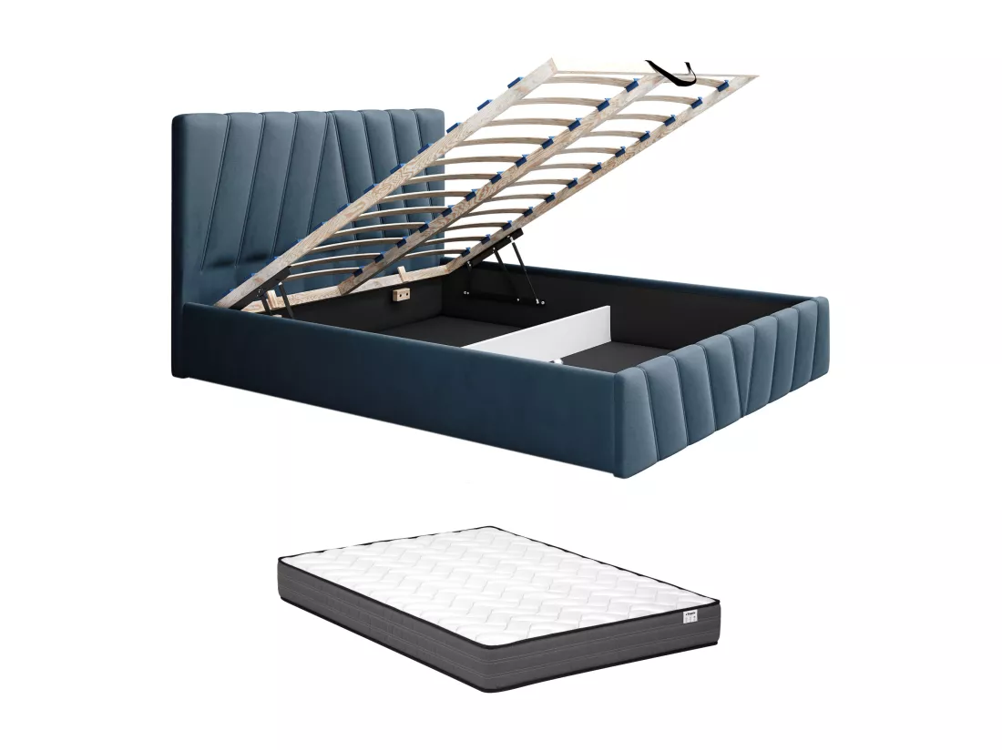 Lit coffre 160 x 200 cm - Velours - Bleu + Matelas - LIDAMA de Pascal Morabito