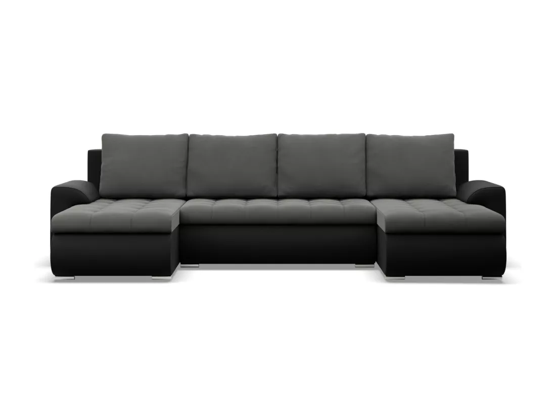 Canapé d'angle en U avec fonction sommeil, 2 méridiennes, Gris foncé + Noir