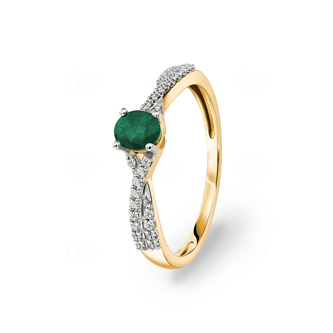 Damenring 750/18 K Gelbgold mit Smaragd oval und Diamanten 0.13 ct H/si