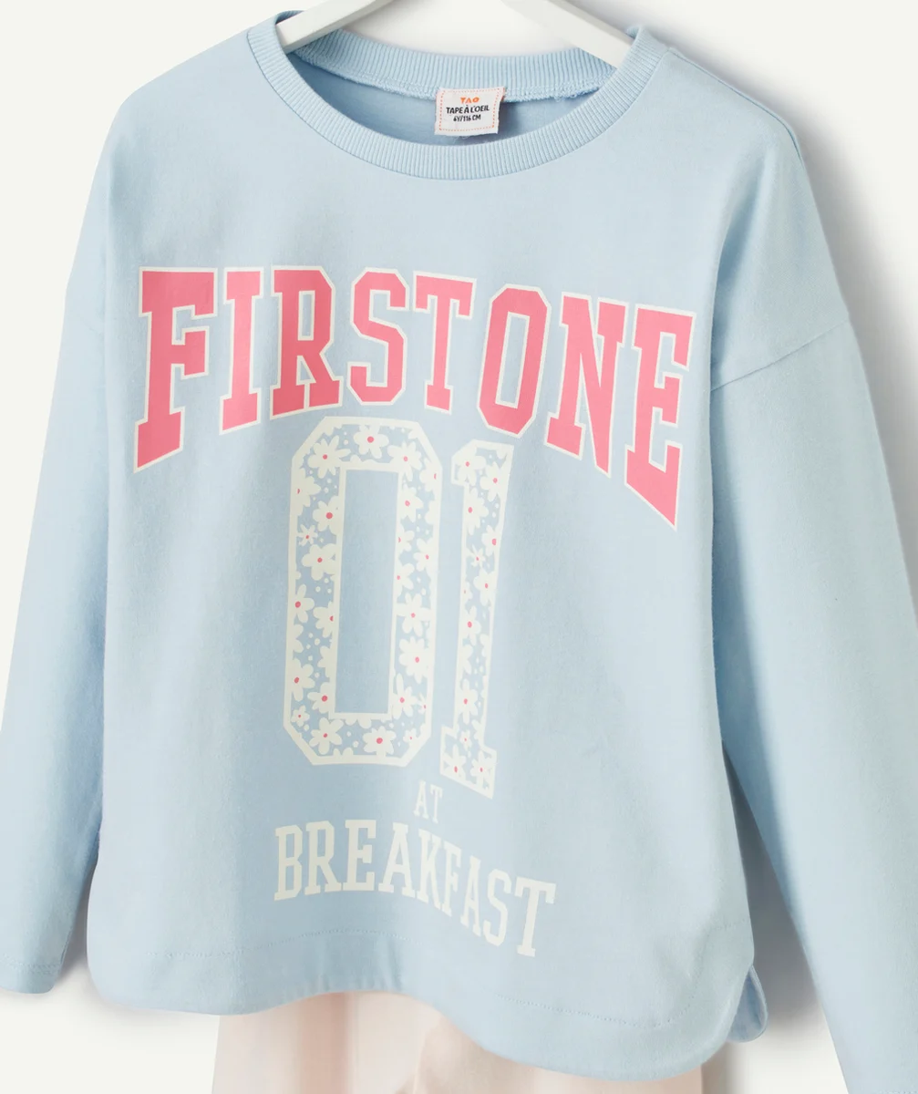 PYJAMA FILLE EN COTON BIO BLEU ET ROSE AVEC MESSAGES ET NUMÉROS