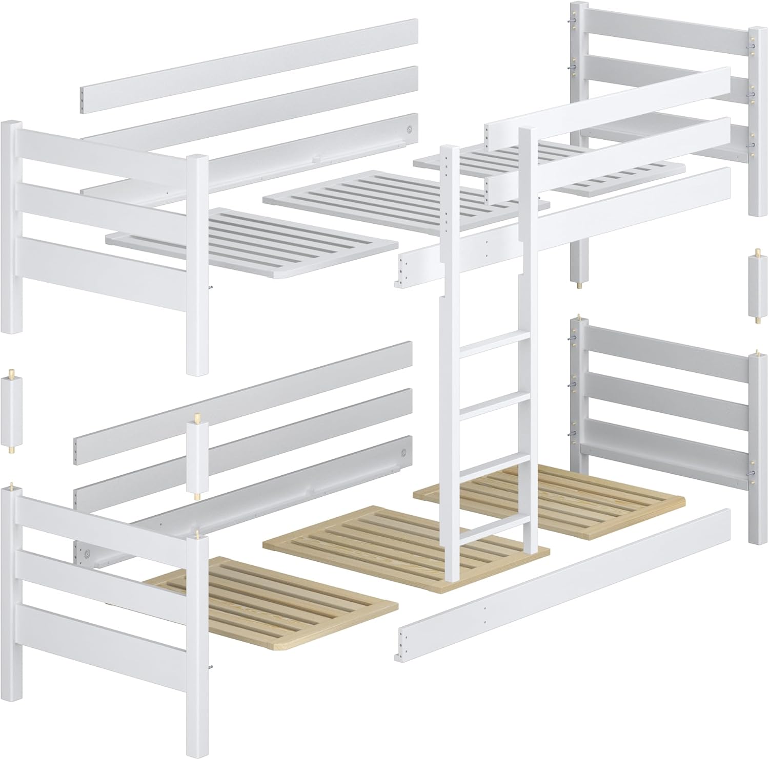 N01 Etagenbett mit Schublade 90x200 cm, Kinderbett mit Leiter, 2 Leitermontageseiten: Links oder rechts, abgerundete Kanten, Stabile Massivholzkonstruktion, Hochwertige Materialien, Weiß