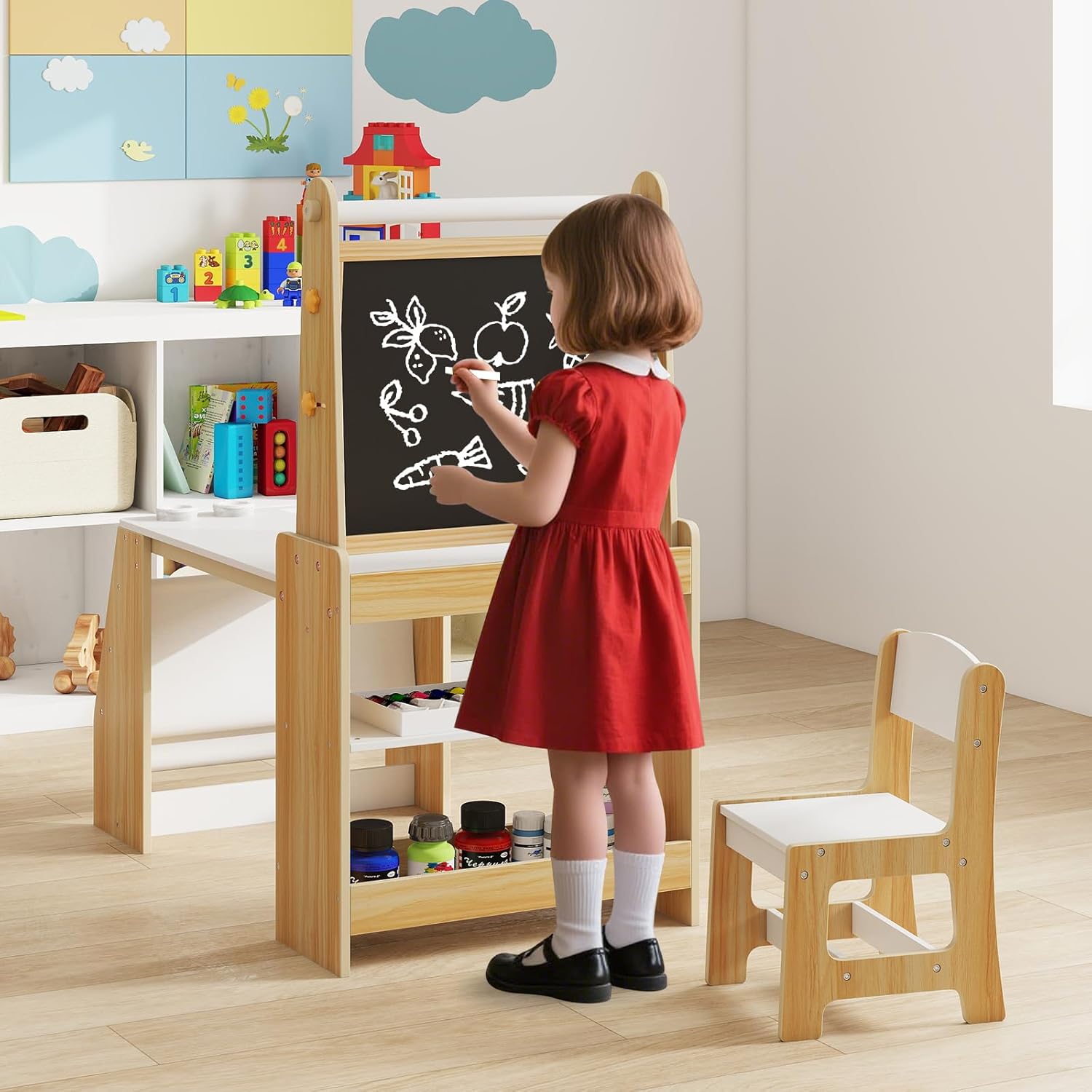 COSTWAY Kindertisch mit Stuhl & Staffelei, Kindersitzgruppe Holz mit Whiteboard & Kreidetafel & Bücherregal, Maltisch inkl. Papierrolle & Zubehör, 3 in 1 Sitzgruppe für Kinder ab 3 Jahren (Natur)