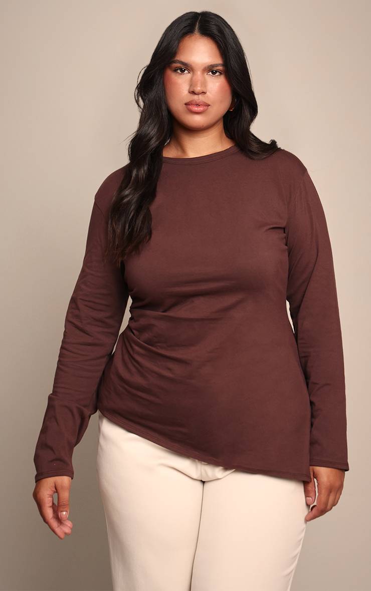 Chocolat T-shirt Grande Taille En Coton À Manches Longues Avec Fronces Sur Les Côtés