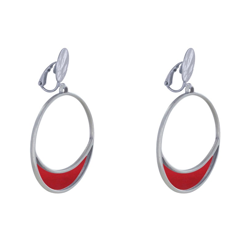 Boucles d'Oreilles Clip Métal Argenté Cercle et Croissant de Lune Translucide Coloré