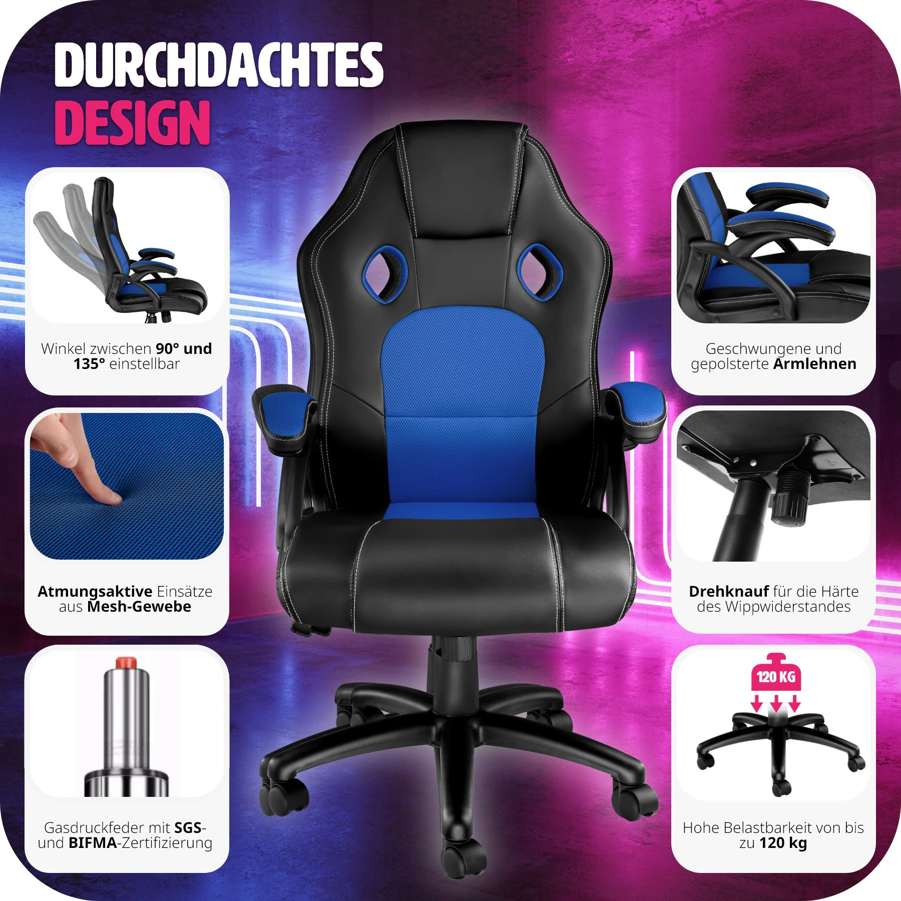 tectake® Bürostuhl, ergonomische Form, Kunstlederbezug mit Mesh-Gewebe, Belastbarkeit 120 kg