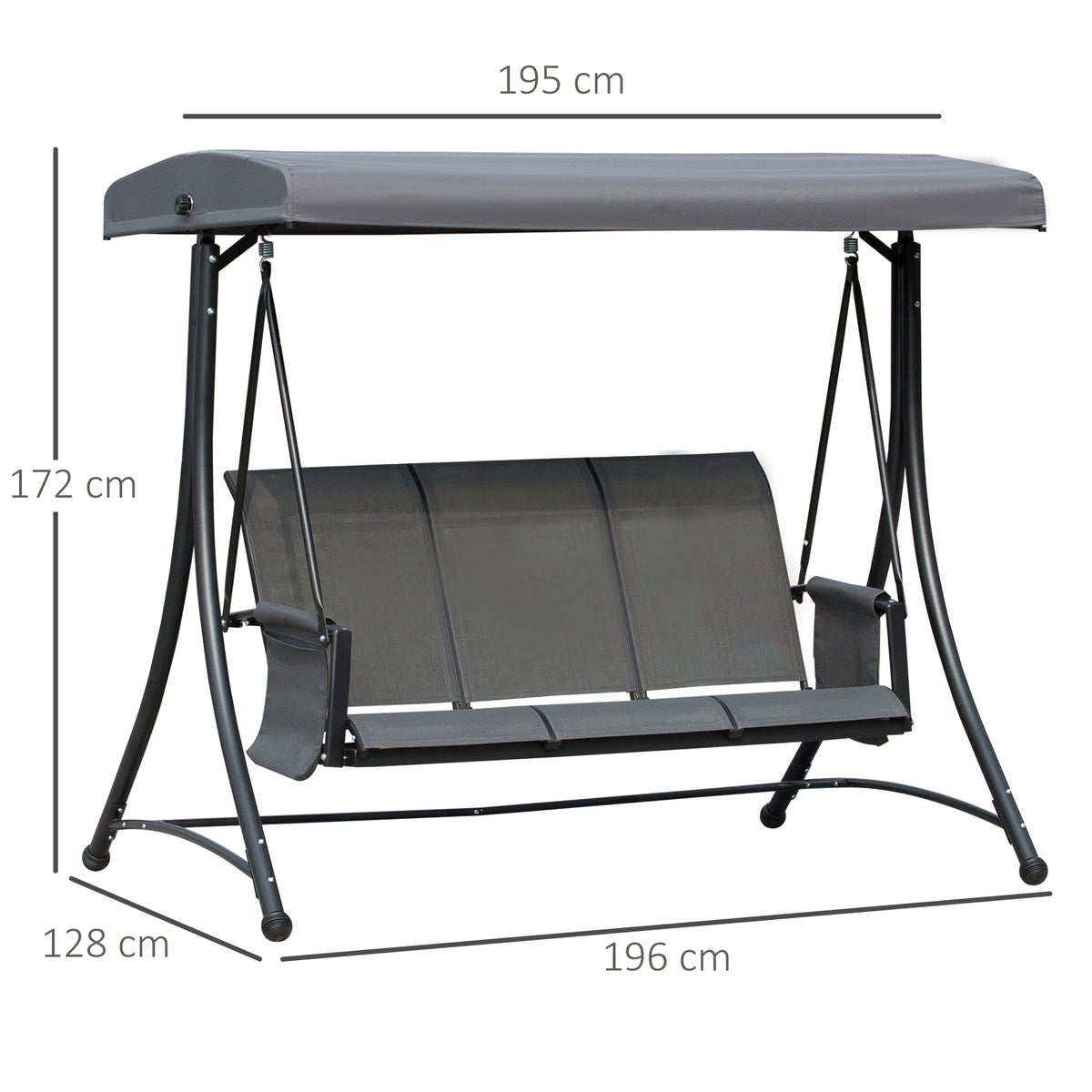 Outsunny Hollywood Swing, 3-zits tuinschommel met parasol, 196 x 128 x 172 cm, aluminium, grijs