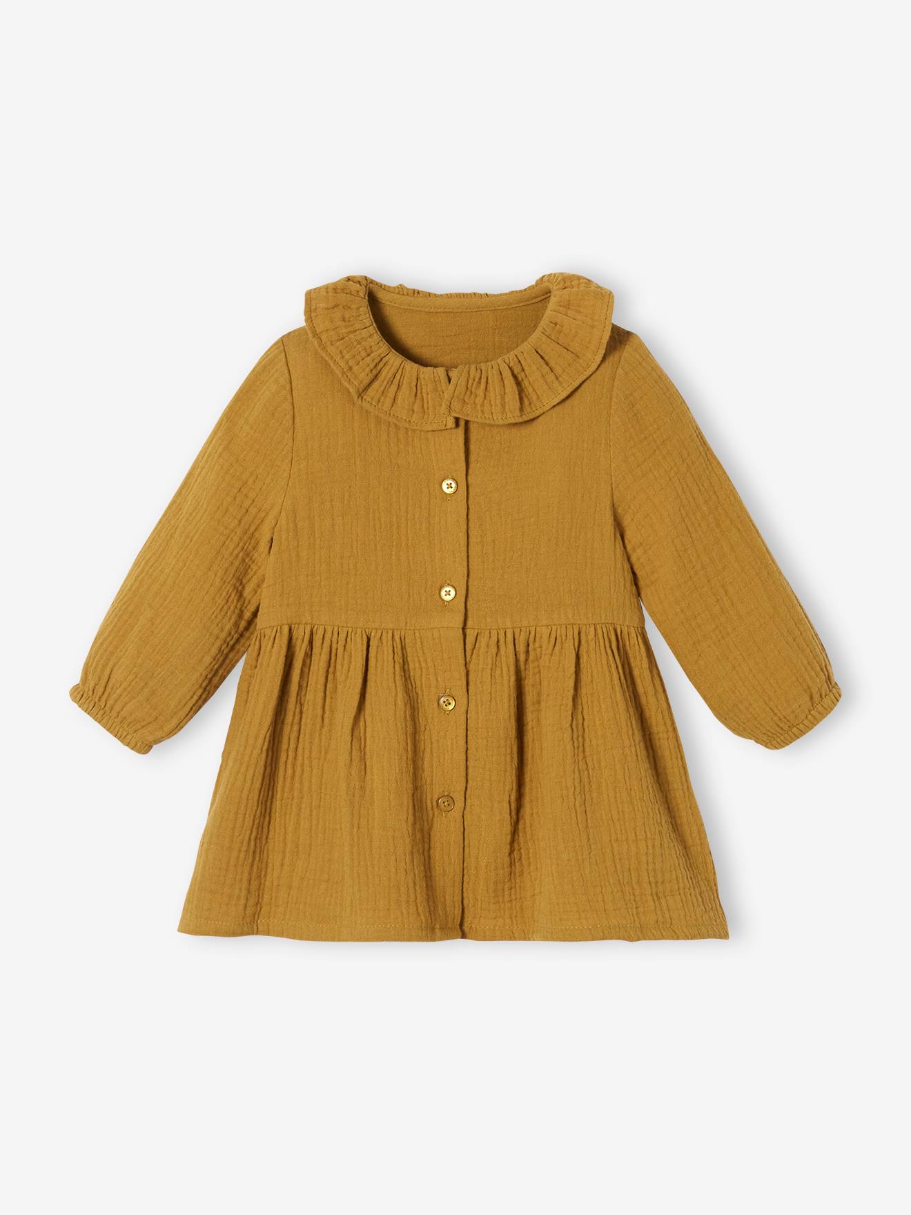 Vestido infantil com babado de chiffon de algodão, marrom médio liso