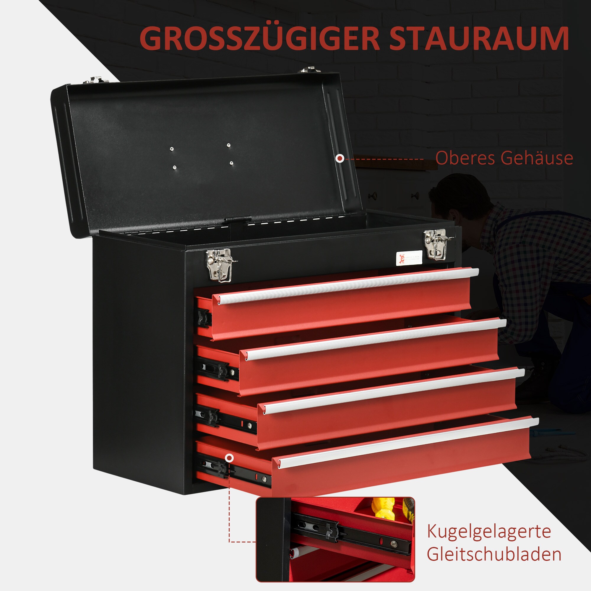DURHAND Werkzeugkiste mit 4 Schubladen schwarz, rot 51L x 22B x 39,5H cm