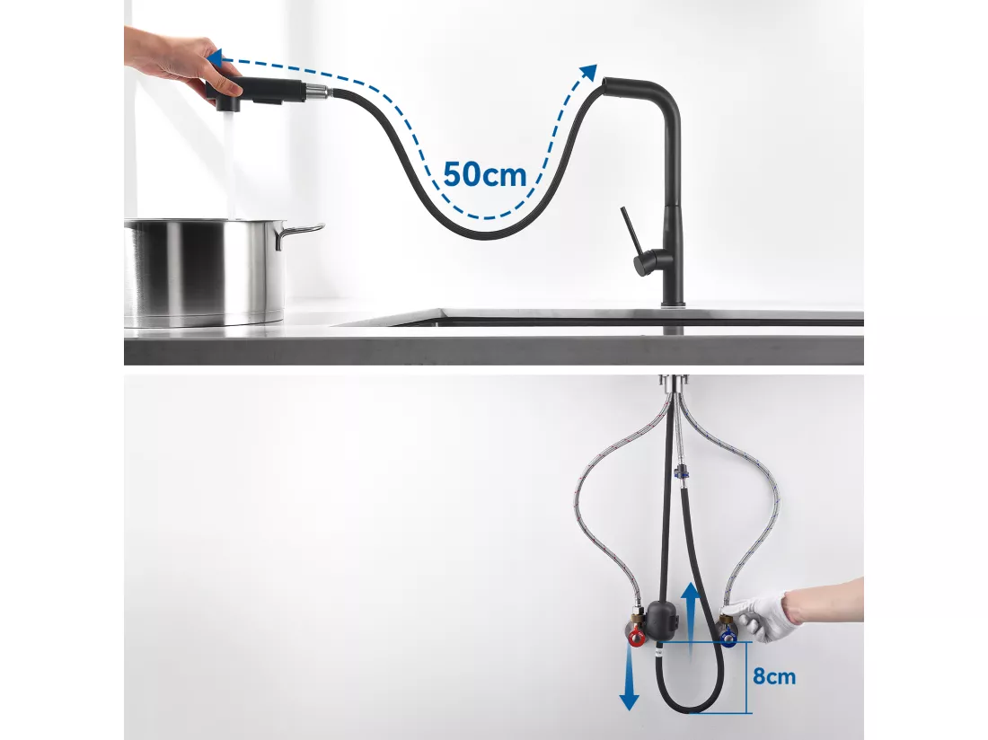 2PCS AURALUM MAX Robinet Cuisine, Mitigeur d'Évier Inox avec Douchette Extractible,2 Modes Jets Eau Froide/Chaude Rotatif à 360° ,Bec en Forme L,Noir