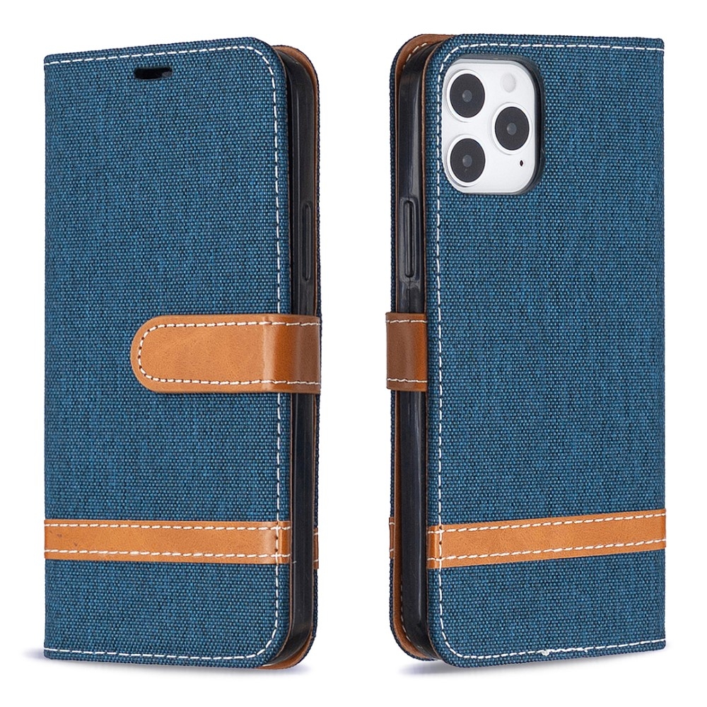 iPhone 12 / iPhone 12 Pro Stoff Tasche im Jeans Look mit Kartenfach   Magnetverschluss - Dunkelblau / Braun